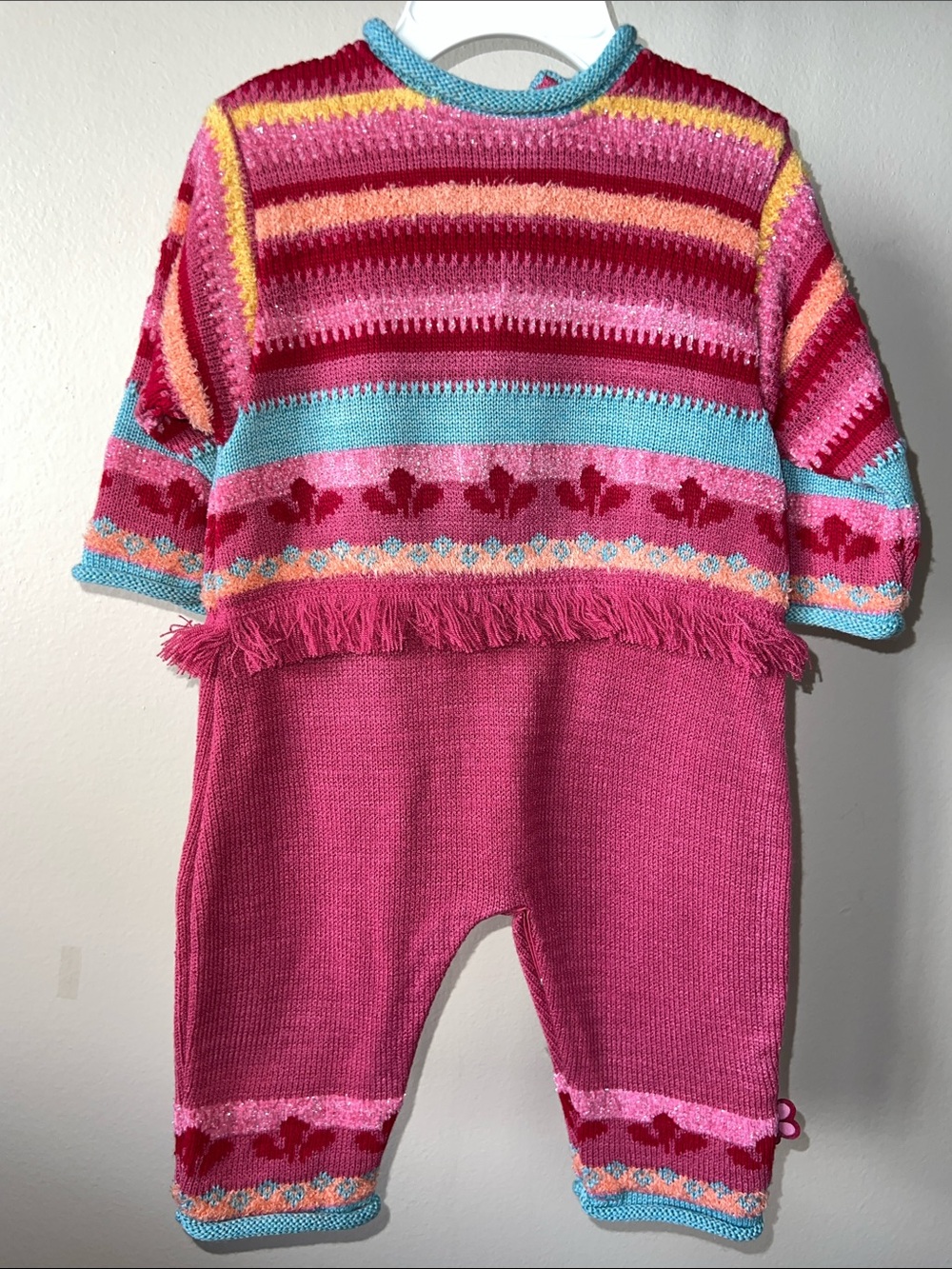 Vintage Clayeux kids Pink Multicolor Striped Knit One-Piece Bodysuit with Fringe